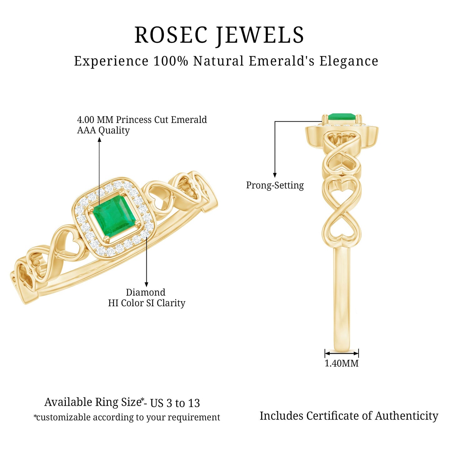 Natural Princess Cut Emerald Diamond Promise Ring For Her