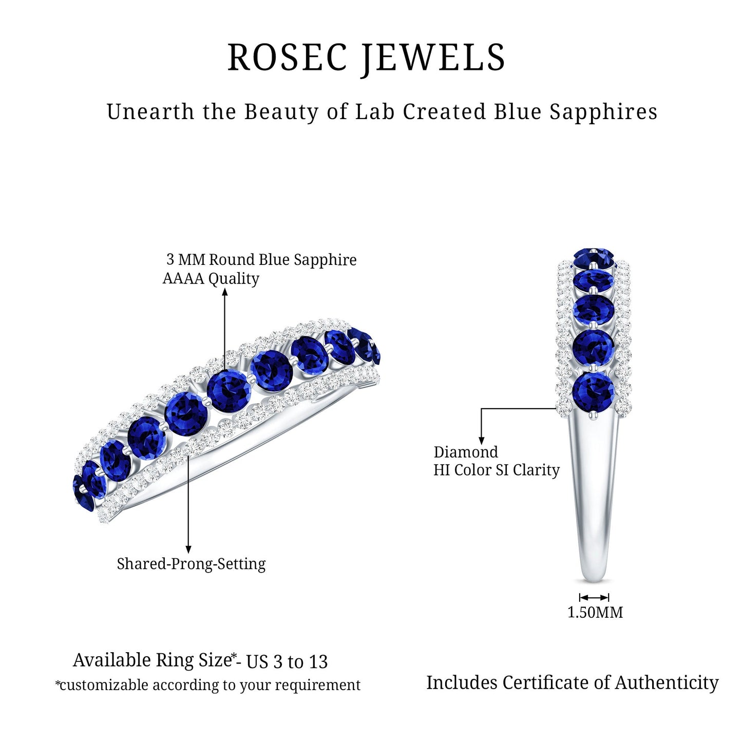 Certified Lab Grown Blue Sapphire Half Eternity Band Ring with Diamond