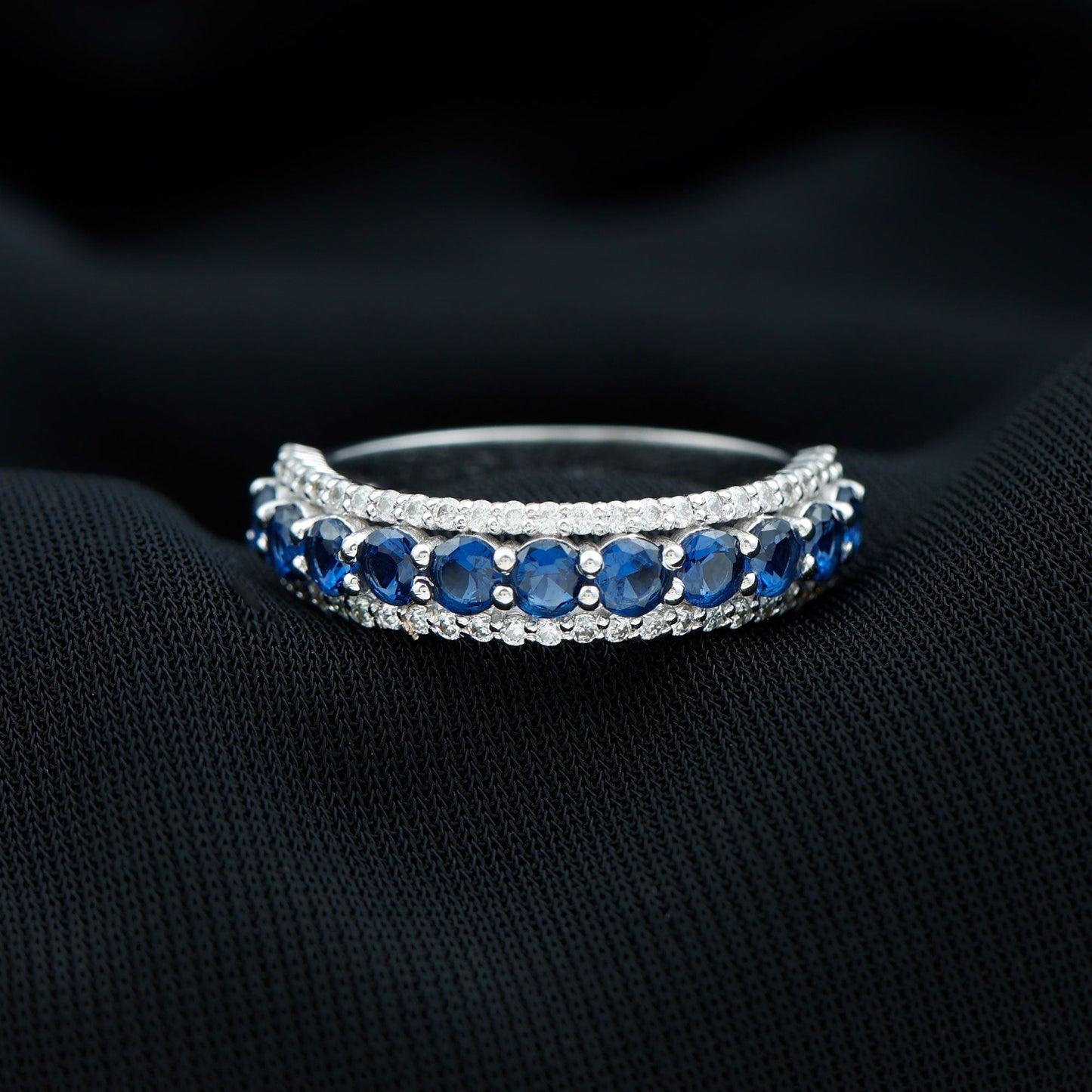 Certified Lab Grown Blue Sapphire Half Eternity Band Ring with Diamond