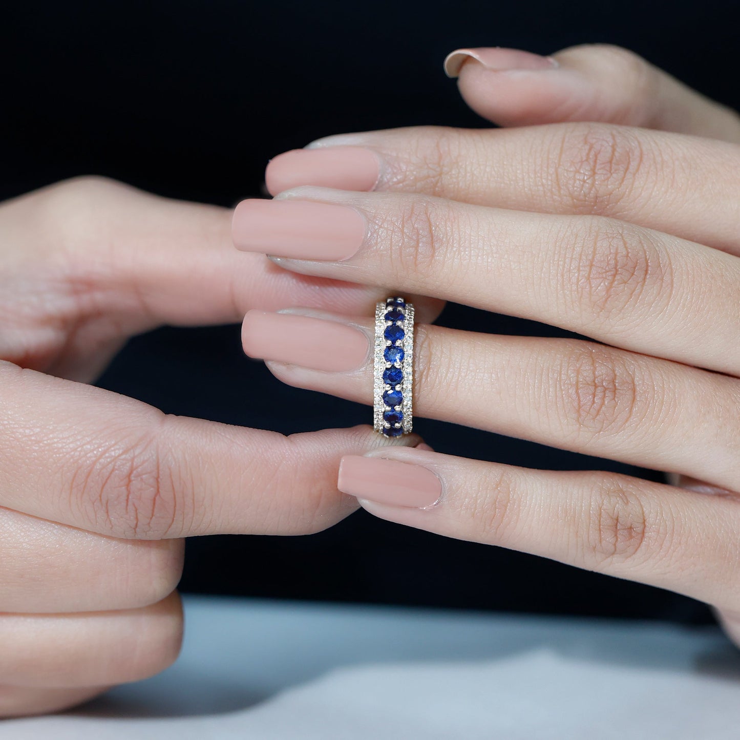 Certified Lab Grown Blue Sapphire Half Eternity Band Ring with Diamond