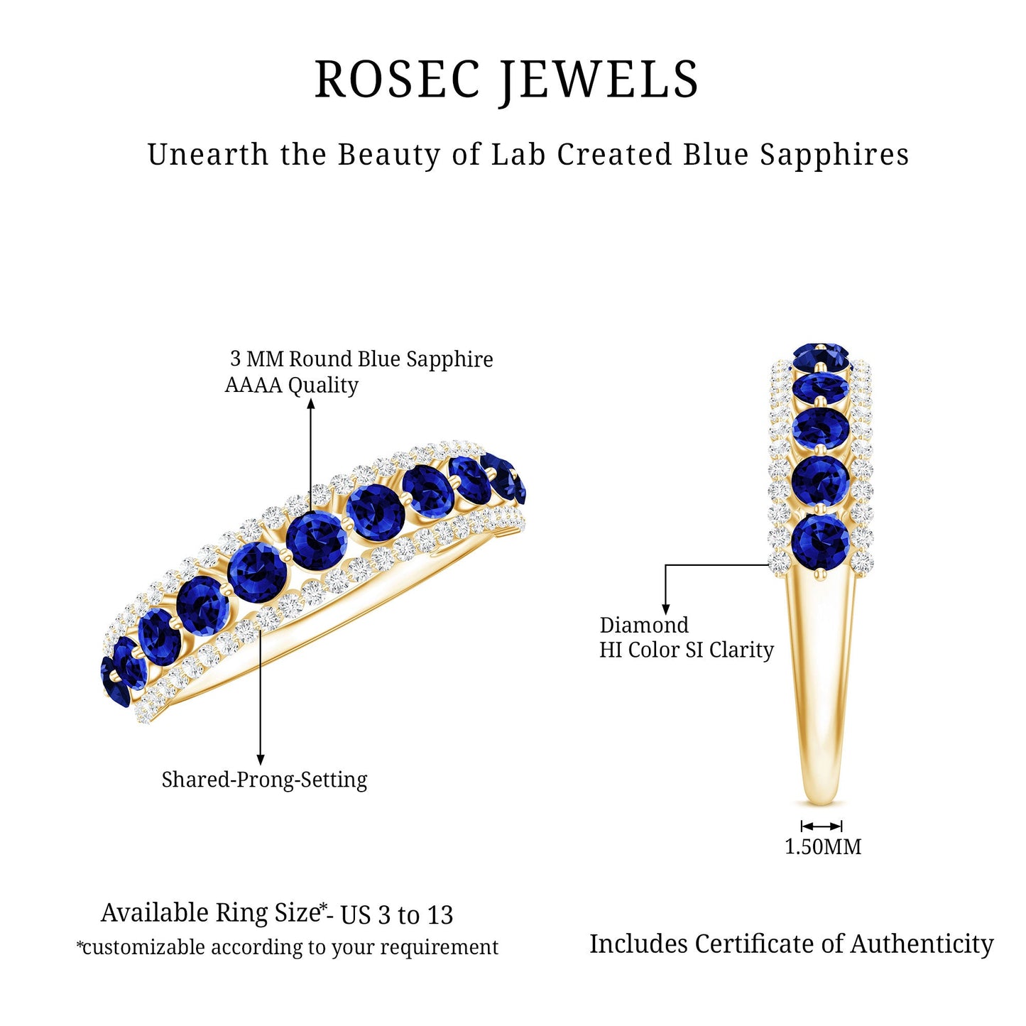 Certified Lab Grown Blue Sapphire Half Eternity Band Ring with Diamond
