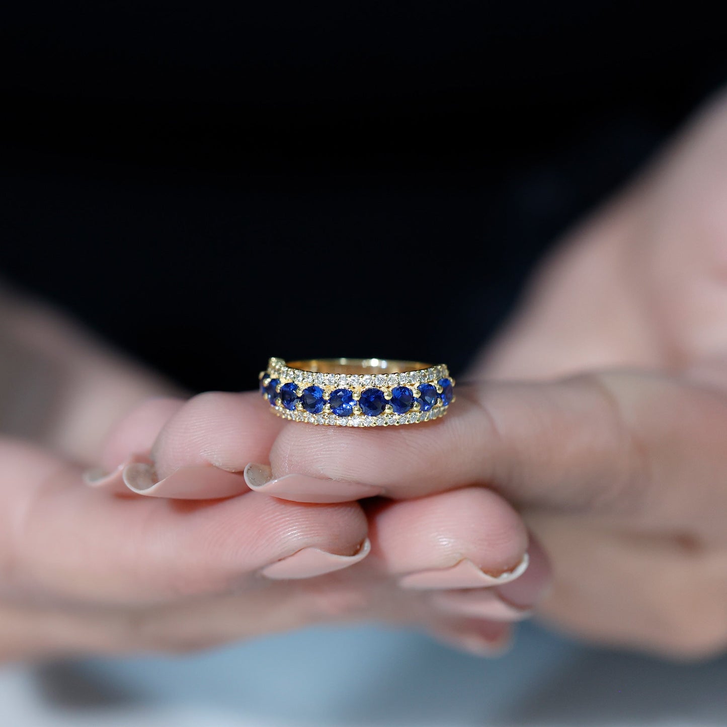 Certified Lab Grown Blue Sapphire Half Eternity Band Ring with Diamond