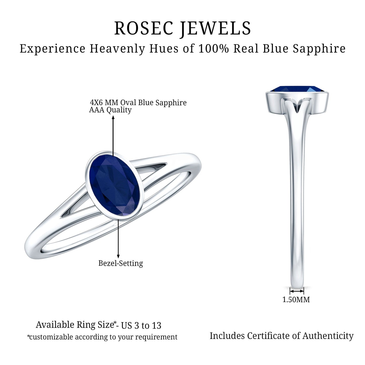 Natural 0.6 Carat Oval Shape Blue Sapphire Promise Ring with Split Shank