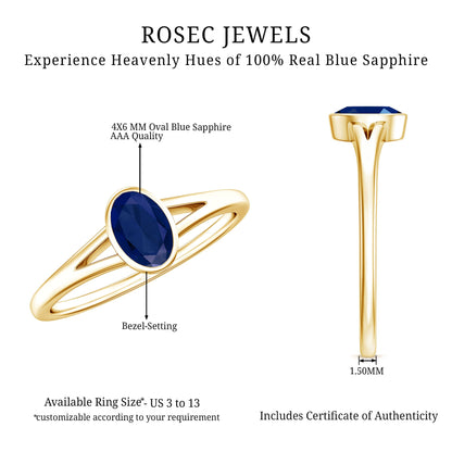 Natural 0.6 Carat Oval Shape Blue Sapphire Promise Ring with Split Shank