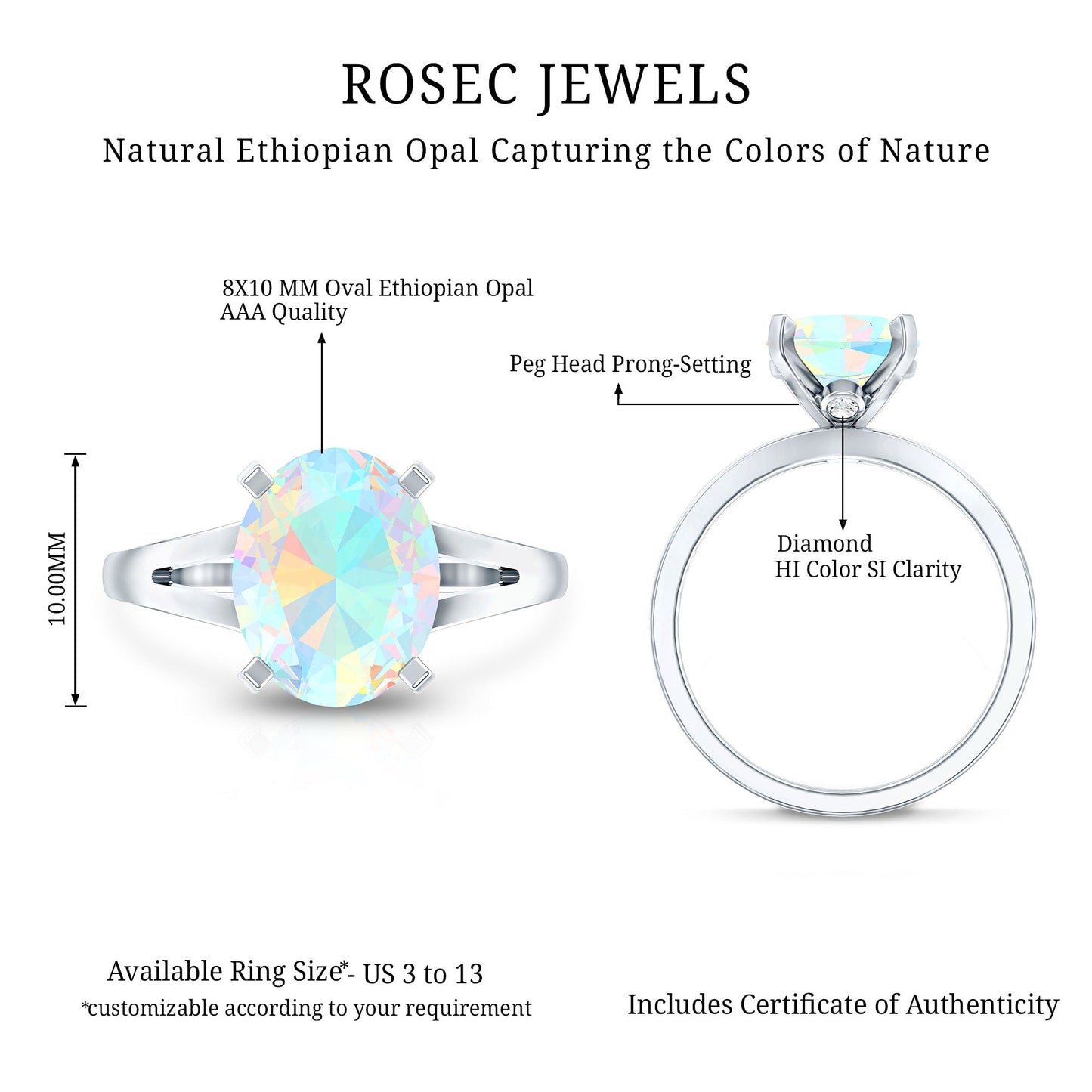 Natural 8X10 mm Ethiopian Opal Diamond Oval Engagement Ring with Split Shank