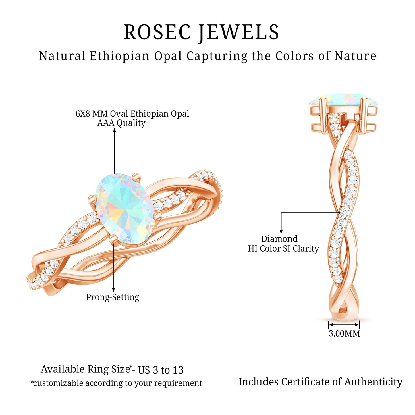 1.2 Carat Natural Opalescent Oval Engagement Ring with Diamond Braided Shank
