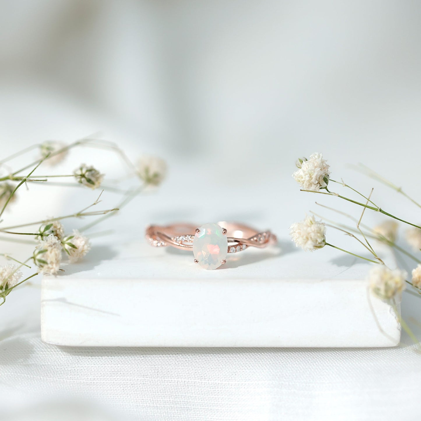 1.2 Carat Natural Opalescent Oval Engagement Ring with Diamond Braided Shank