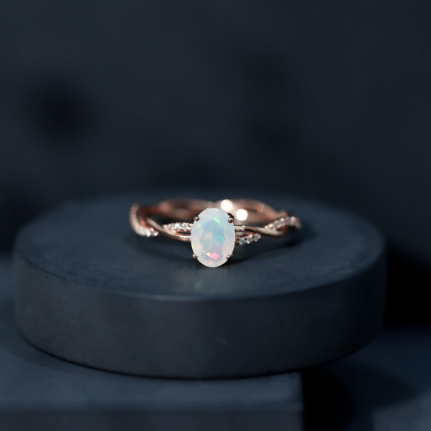 1.2 Carat Natural Opalescent Oval Engagement Ring with Diamond Braided Shank