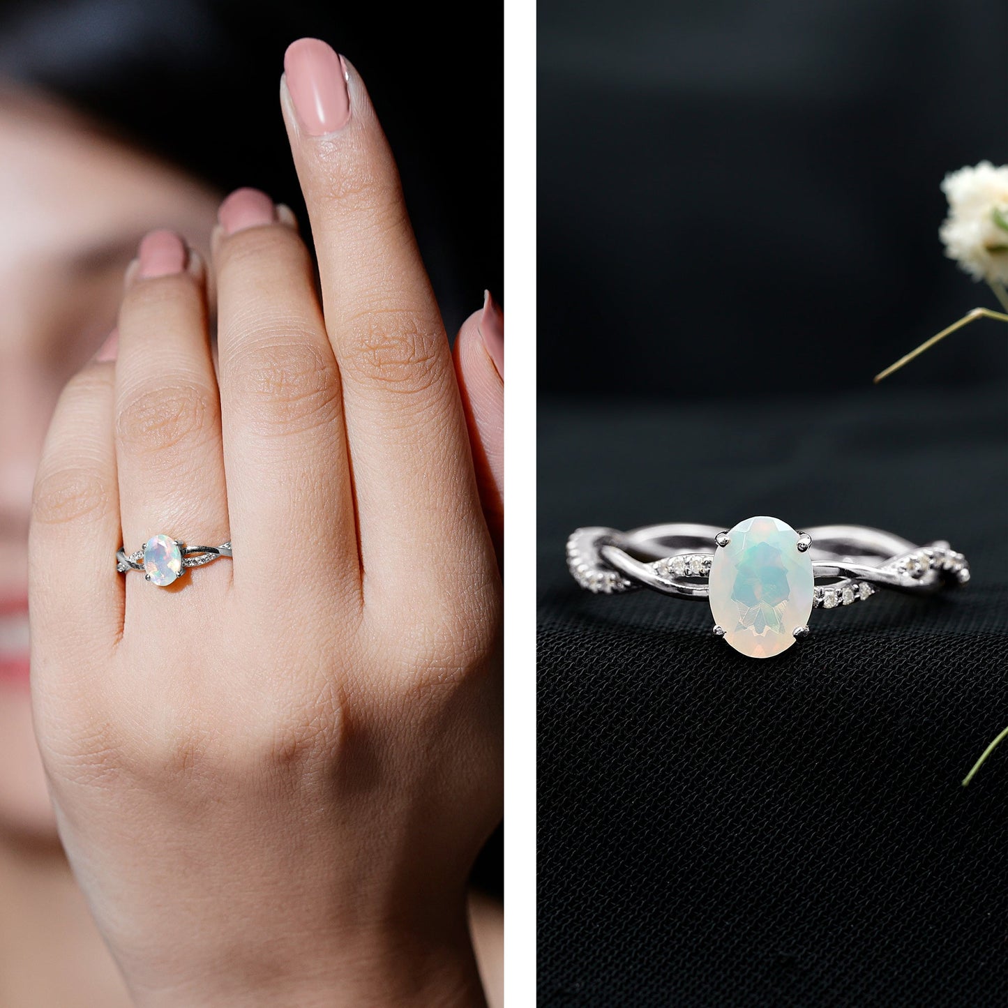 1.2 Carat Natural Opalescent Oval Engagement Ring with Diamond Braided Shank