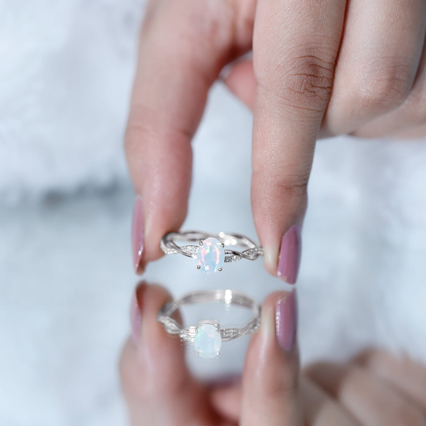 1.2 Carat Natural Opalescent Oval Engagement Ring with Diamond Braided Shank