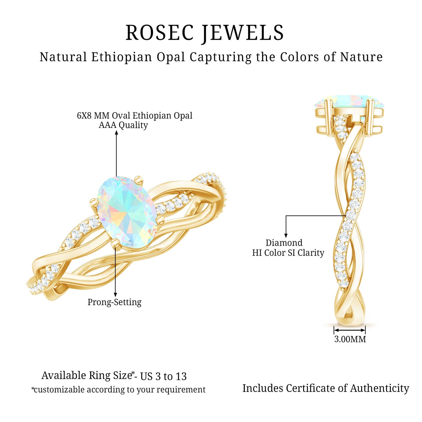 1.2 Carat Natural Opalescent Oval Engagement Ring with Diamond Braided Shank
