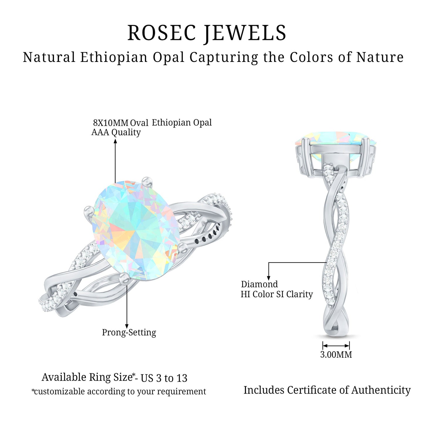 1.3 Carat Real Ethiopian Rainbow Opal Engagement Ring with Diamond Braided Shank