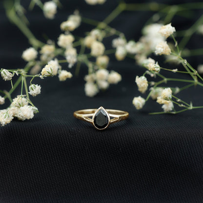 Bezel Set Black Onyx Pear Engagement Ring in Split Shank