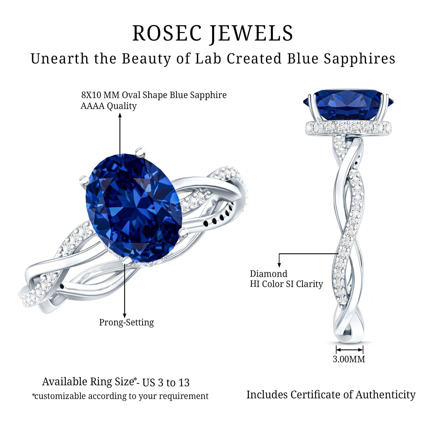 Certified 4 Carat Lab Grown Blue Sapphire Oval Engagement Ring with Diamond Braided Shank