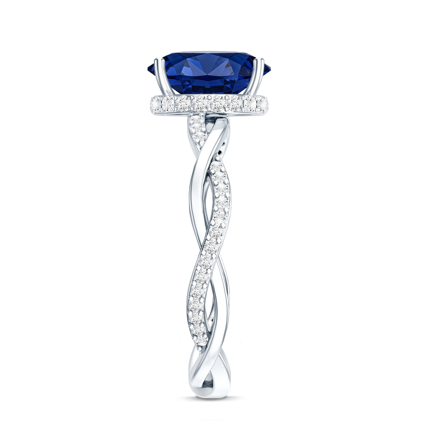 Certified 4 Carat Lab Grown Blue Sapphire Oval Engagement Ring with Diamond Braided Shank