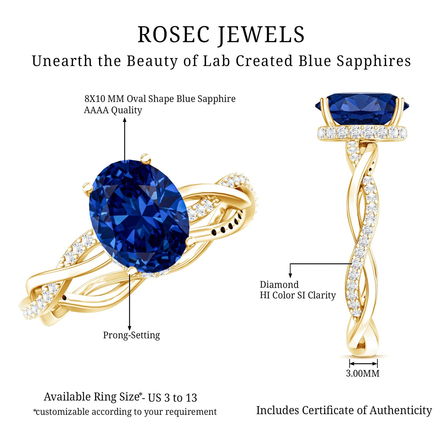 Certified 4 Carat Lab Grown Blue Sapphire Oval Engagement Ring with Diamond Braided Shank