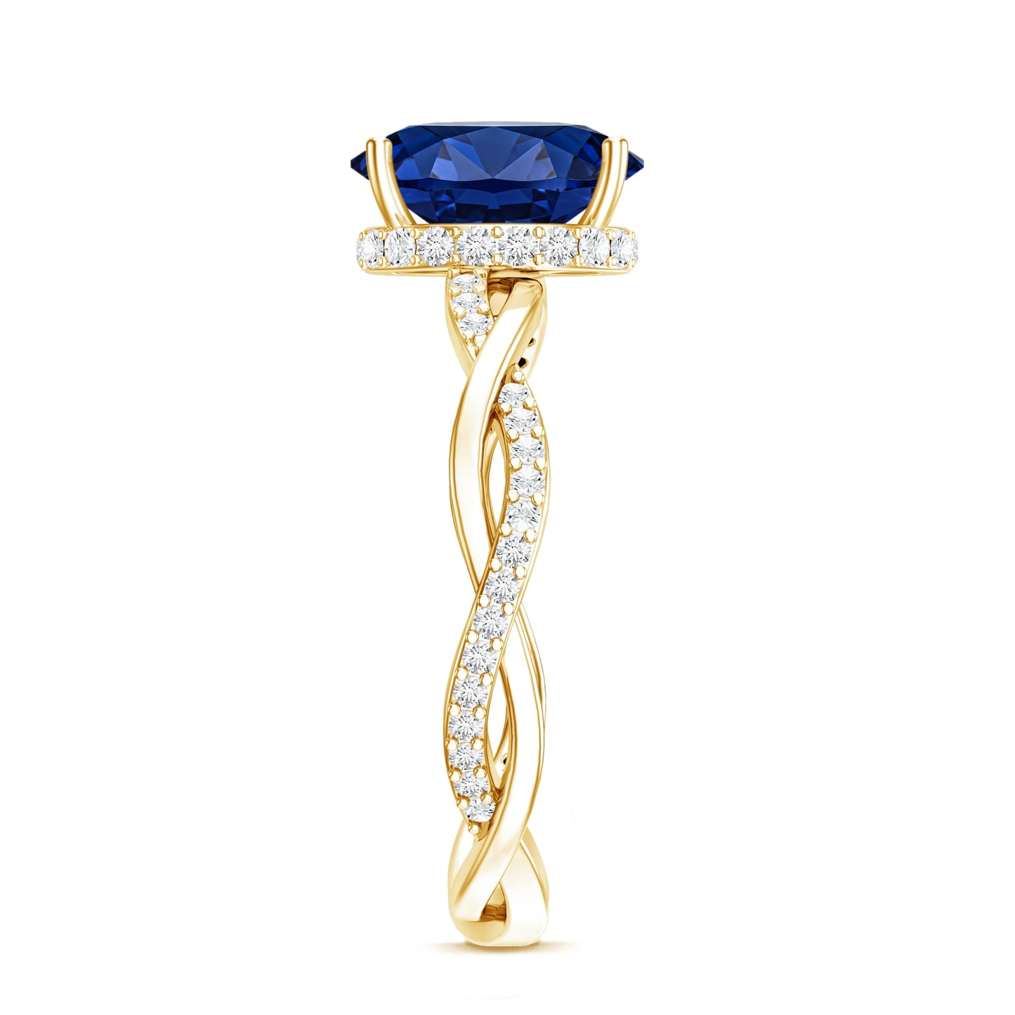 Certified 4 Carat Lab Grown Blue Sapphire Oval Engagement Ring with Diamond Braided Shank
