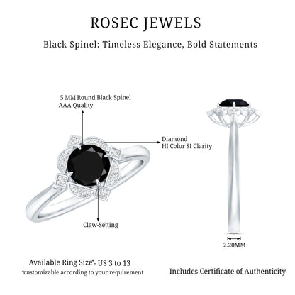 Vintage Style Black Spinel Engagement Ring with Diamond