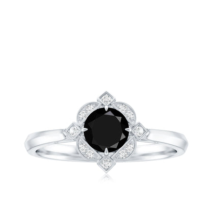 Vintage Style Black Spinel Engagement Ring with Diamond