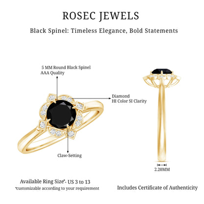 Vintage Style Black Spinel Engagement Ring with Diamond