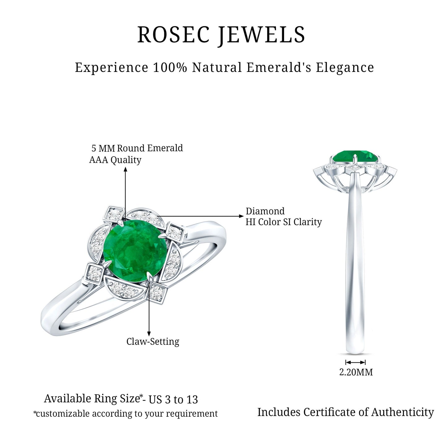 Natural Emerald and Diamond Vintage Inspired Engagement Ring For Her