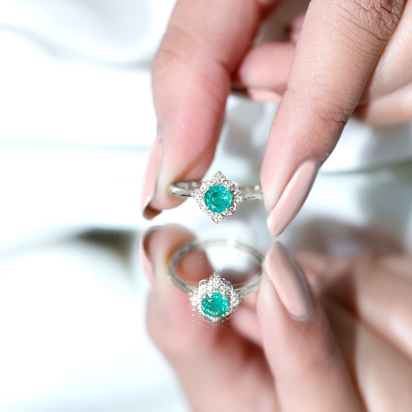 Natural Emerald and Diamond Vintage Inspired Engagement Ring For Her