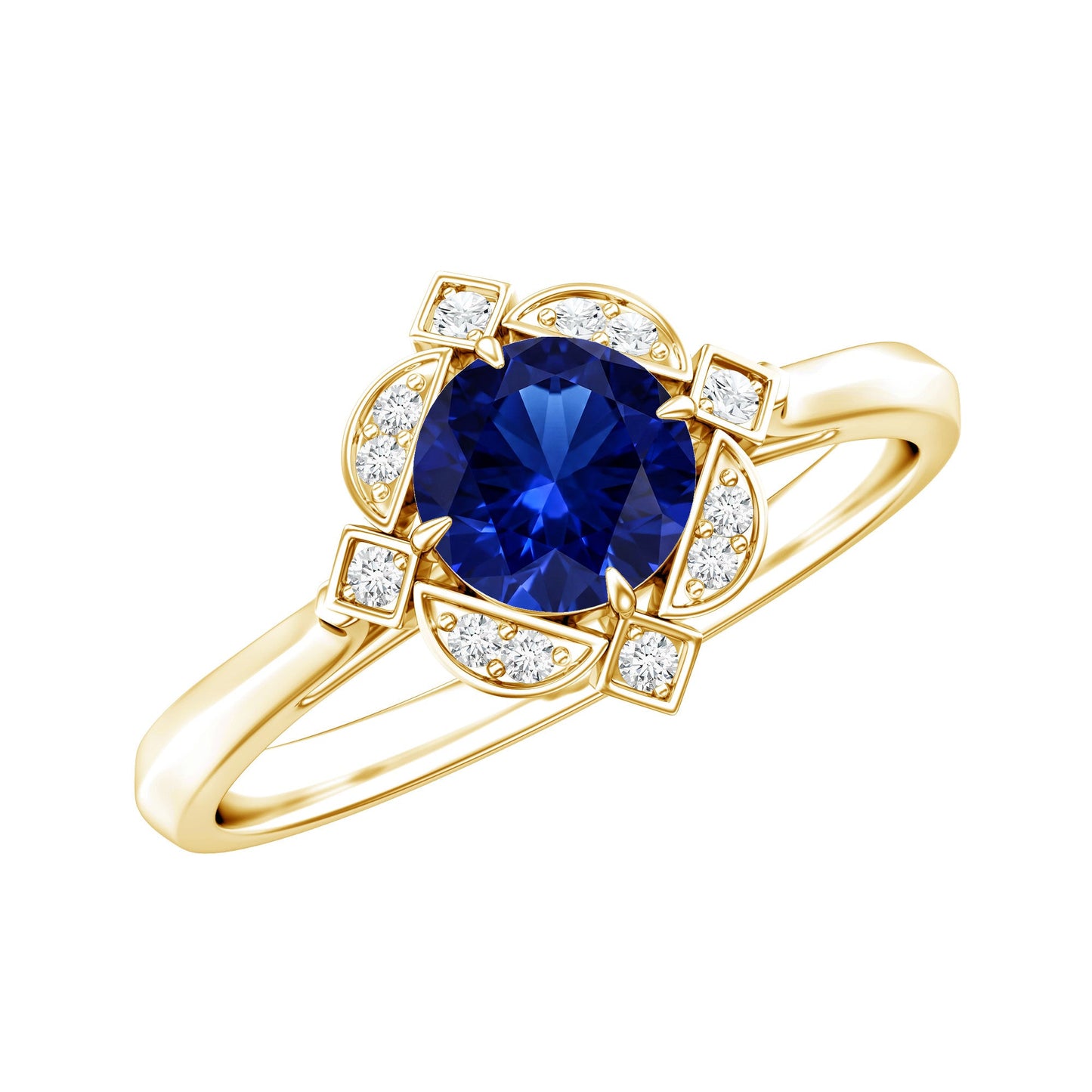 Vintage Style 0.6 Carat Lab Grown Blue Sapphire Engagement Ring with Diamond