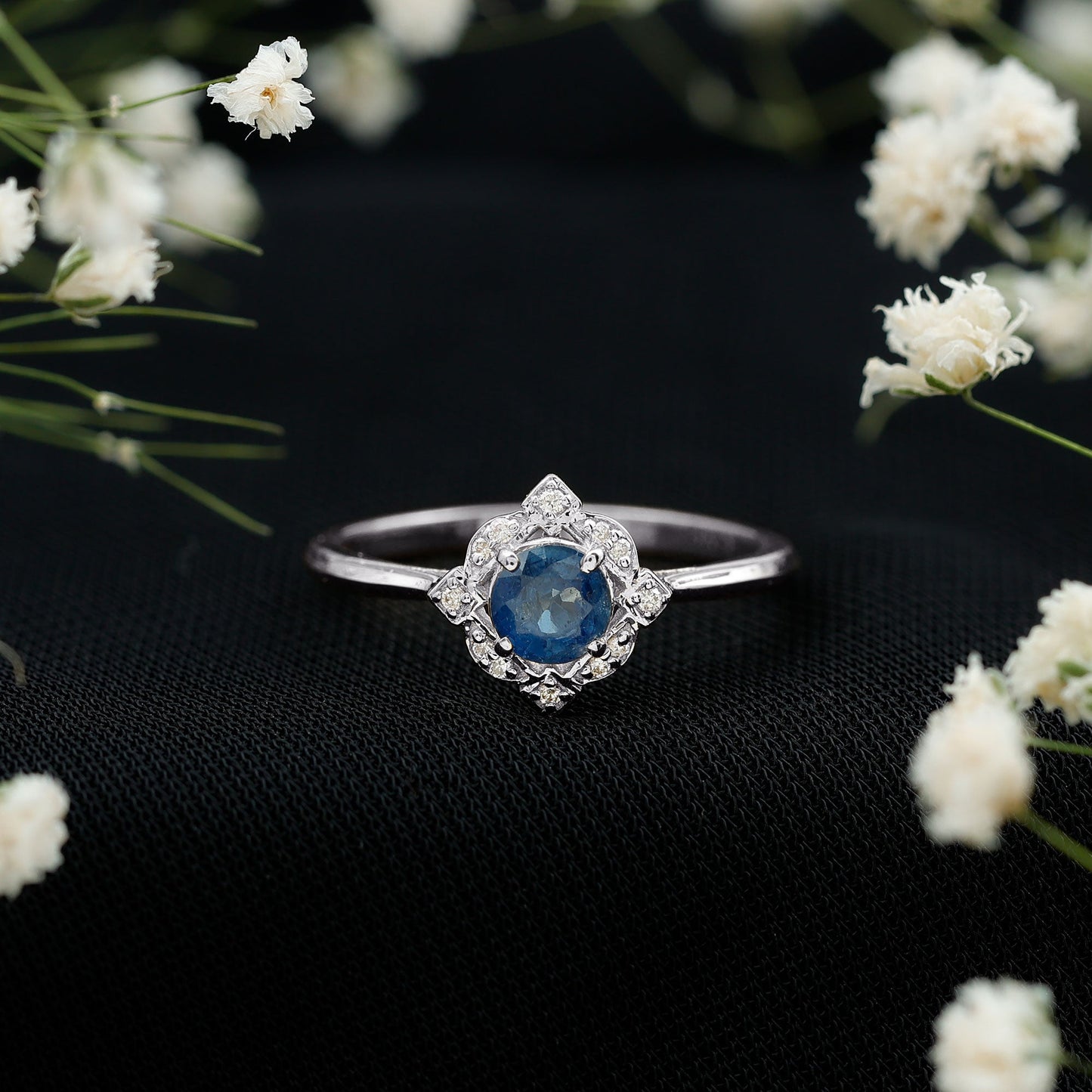 Vintage Style 0.9 Carat Blue Sapphire Engagement Ring with Diamond Halo