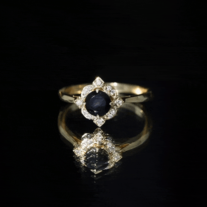 Round Cut Black Onyx and Diamond Flower Engagement Ring