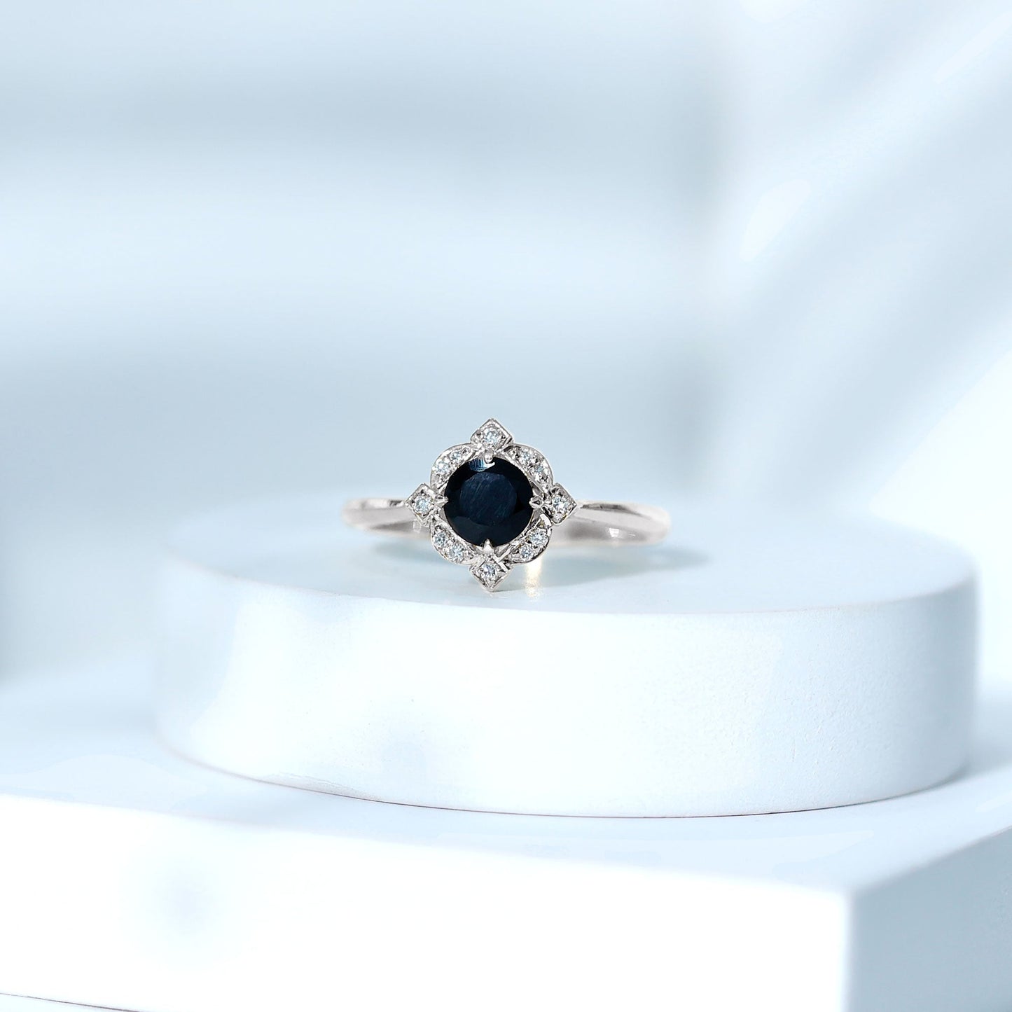 Round Cut Black Onyx and Diamond Flower Engagement Ring