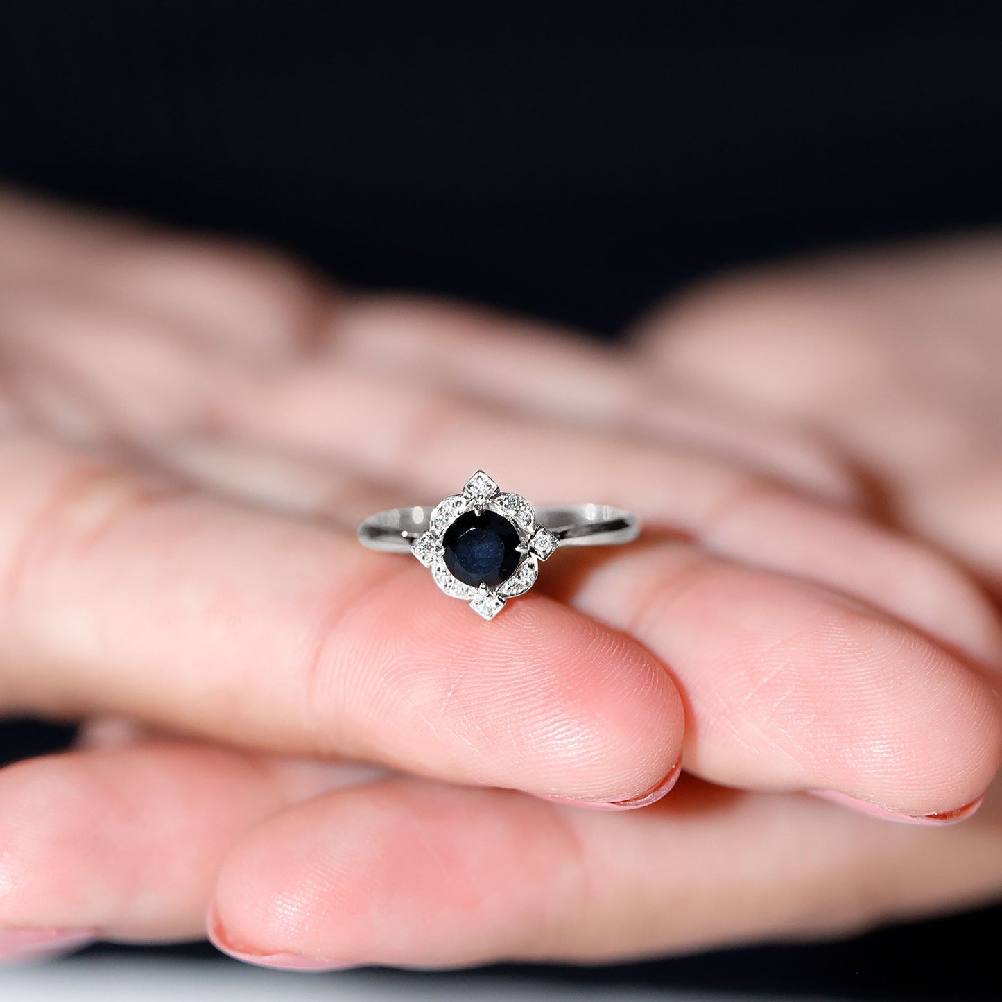 Round Cut Black Onyx and Diamond Flower Engagement Ring