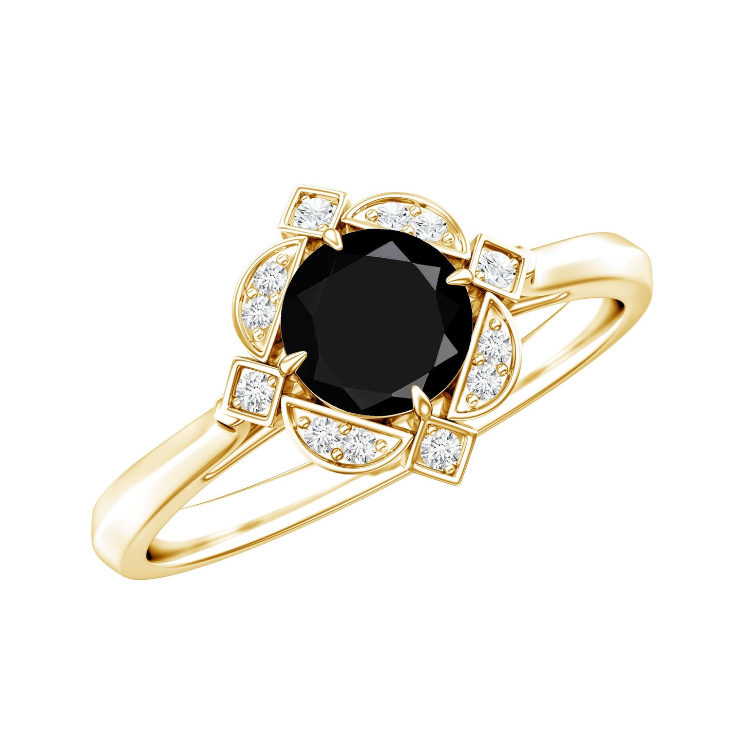 Round Cut Black Onyx and Diamond Flower Engagement Ring