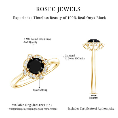 Round Cut Black Onyx and Diamond Flower Engagement Ring