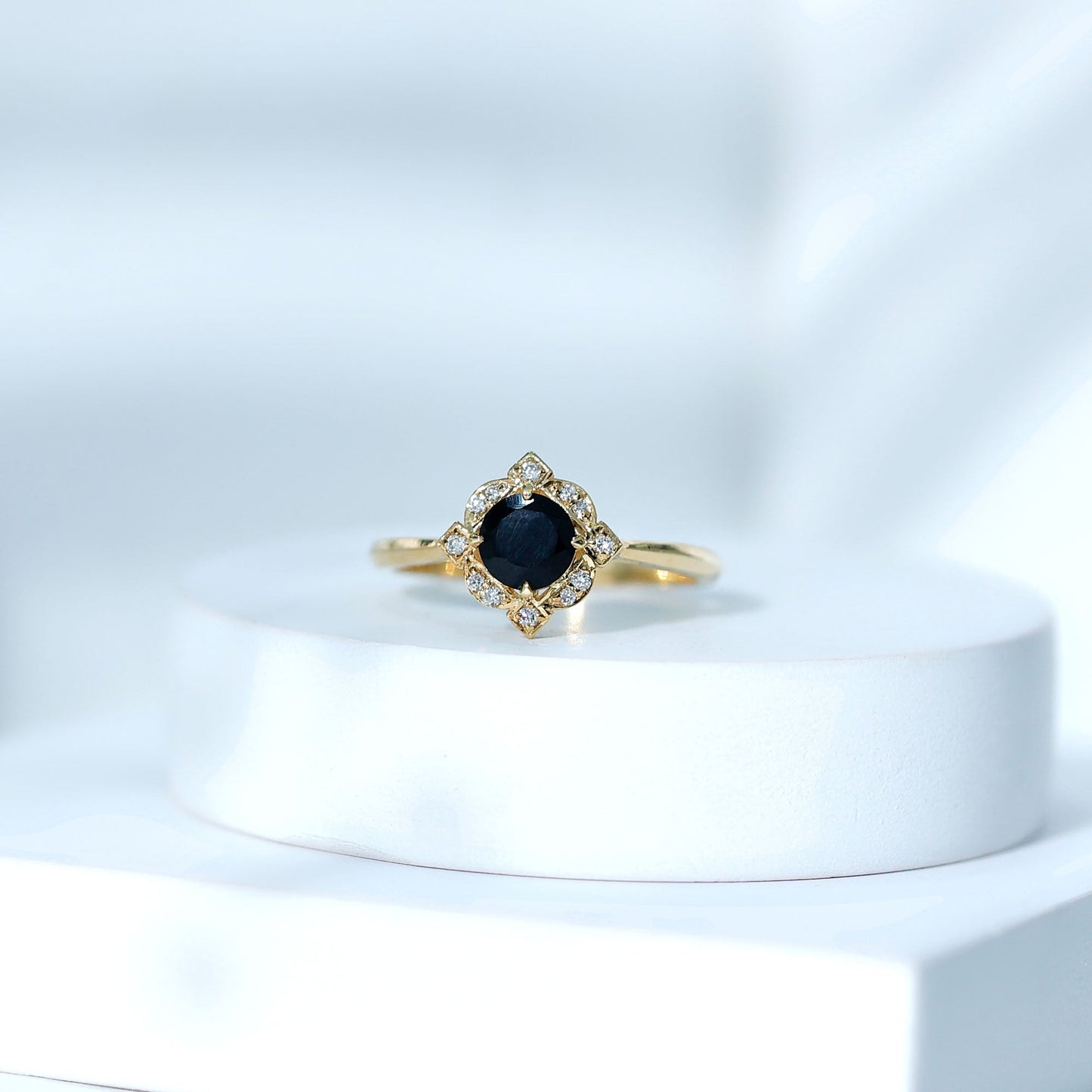 Round Cut Black Onyx and Diamond Flower Engagement Ring