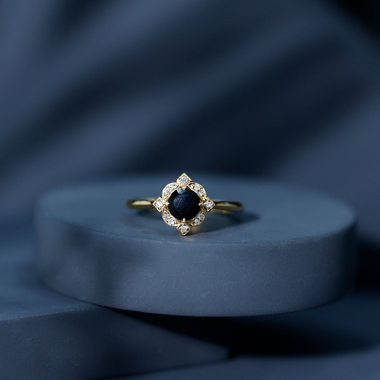 Round Cut Black Onyx and Diamond Flower Engagement Ring