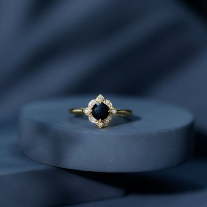Round Cut Black Onyx and Diamond Flower Engagement Ring