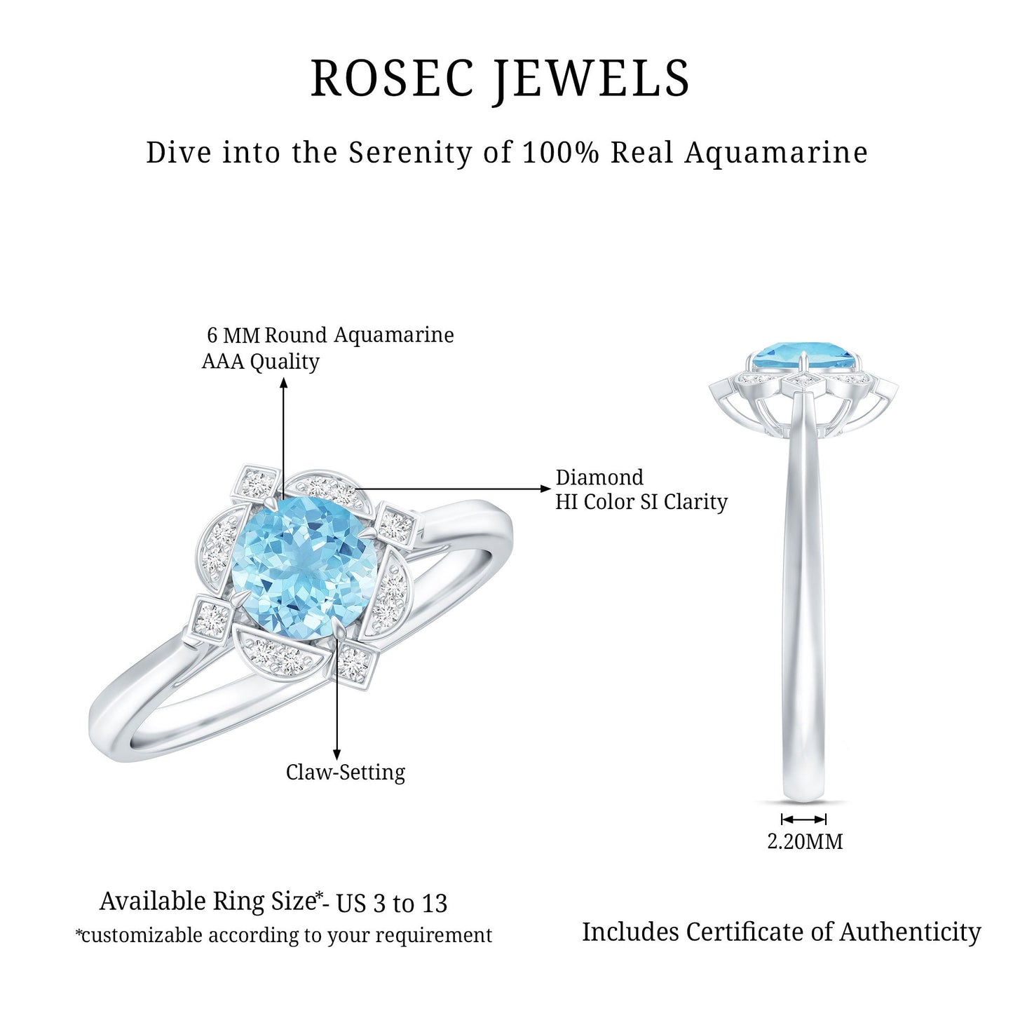 Vintage Inspired Aquamarine and Diamond Engagement Ring with Certificate