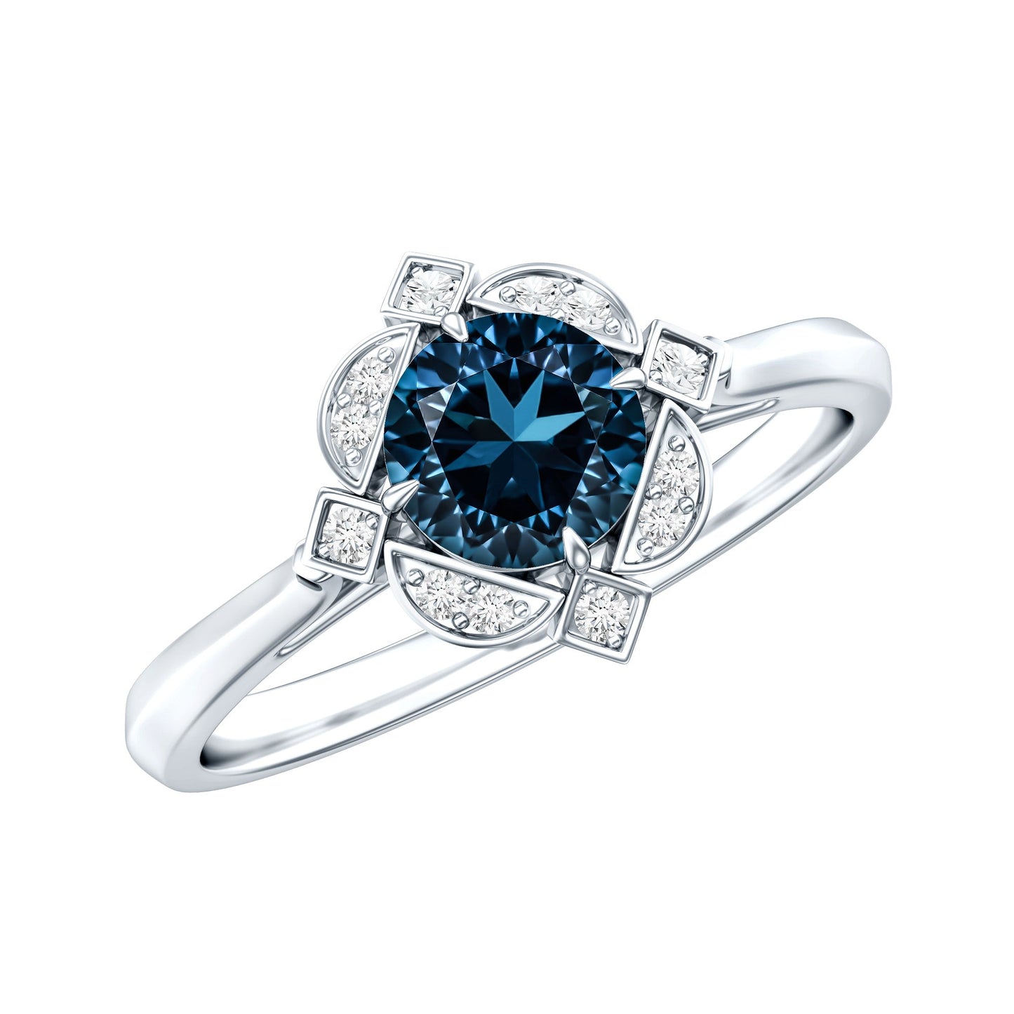 Round Cut London Blue Topaz and Diamond Flower Engagement Ring