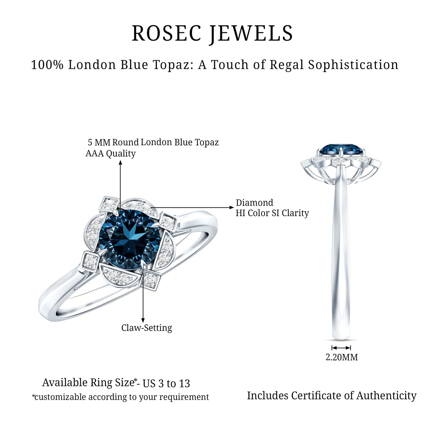 Round Cut London Blue Topaz and Diamond Flower Engagement Ring