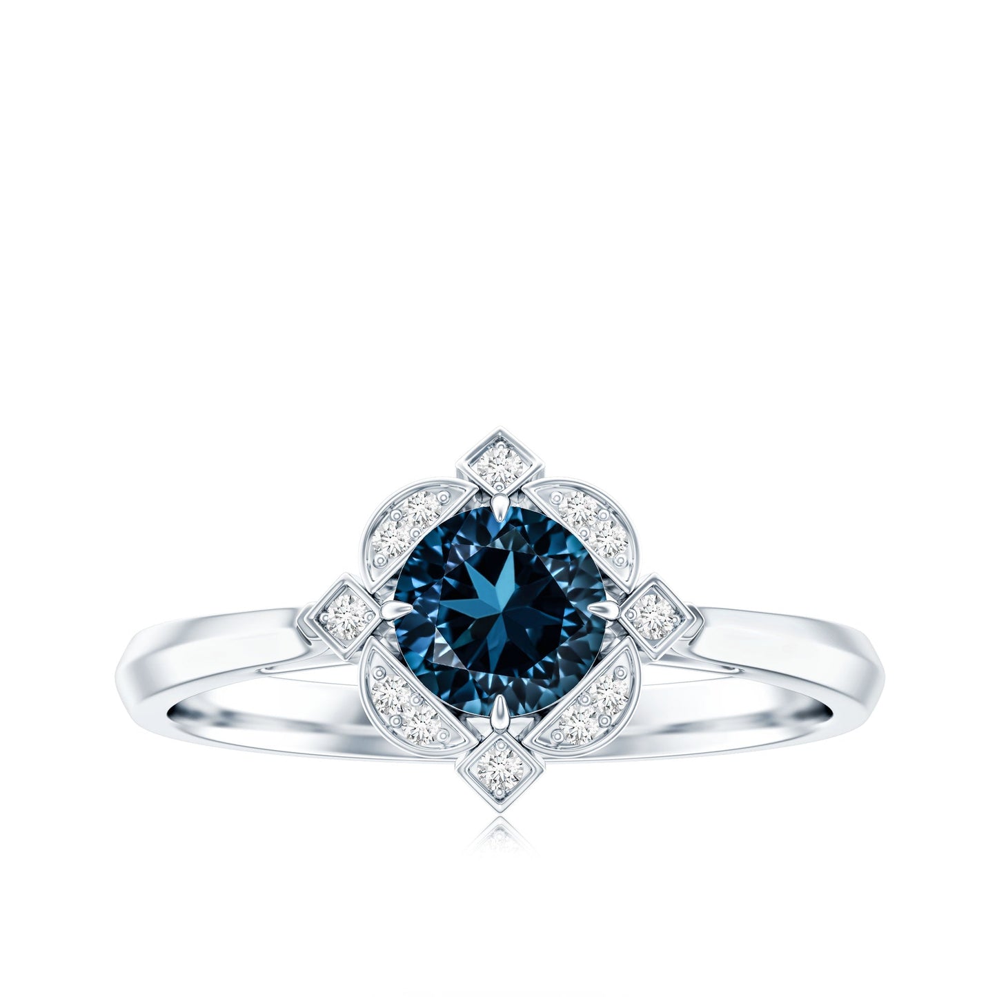 Round Cut London Blue Topaz and Diamond Flower Engagement Ring