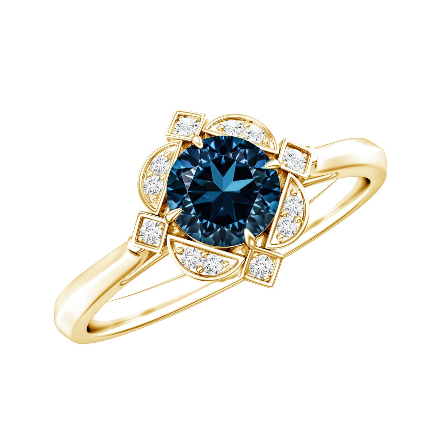 Round Cut London Blue Topaz and Diamond Flower Engagement Ring
