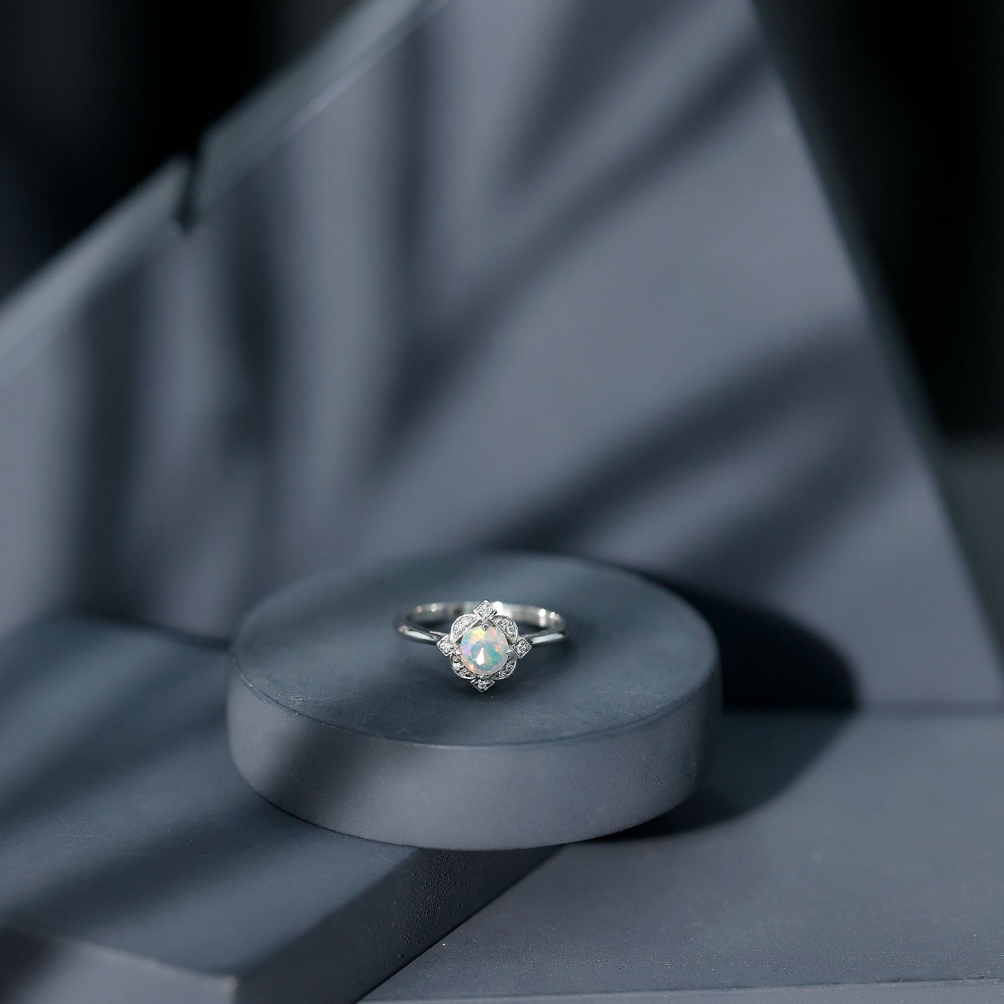 Real Ethiopian Opal Vintage Looking Engagement Ring with Diamond