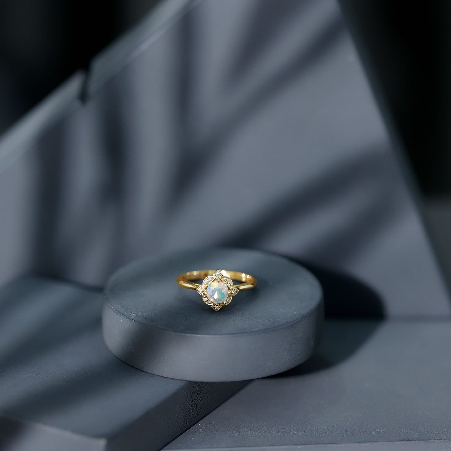 Real Ethiopian Opal Vintage Looking Engagement Ring with Diamond