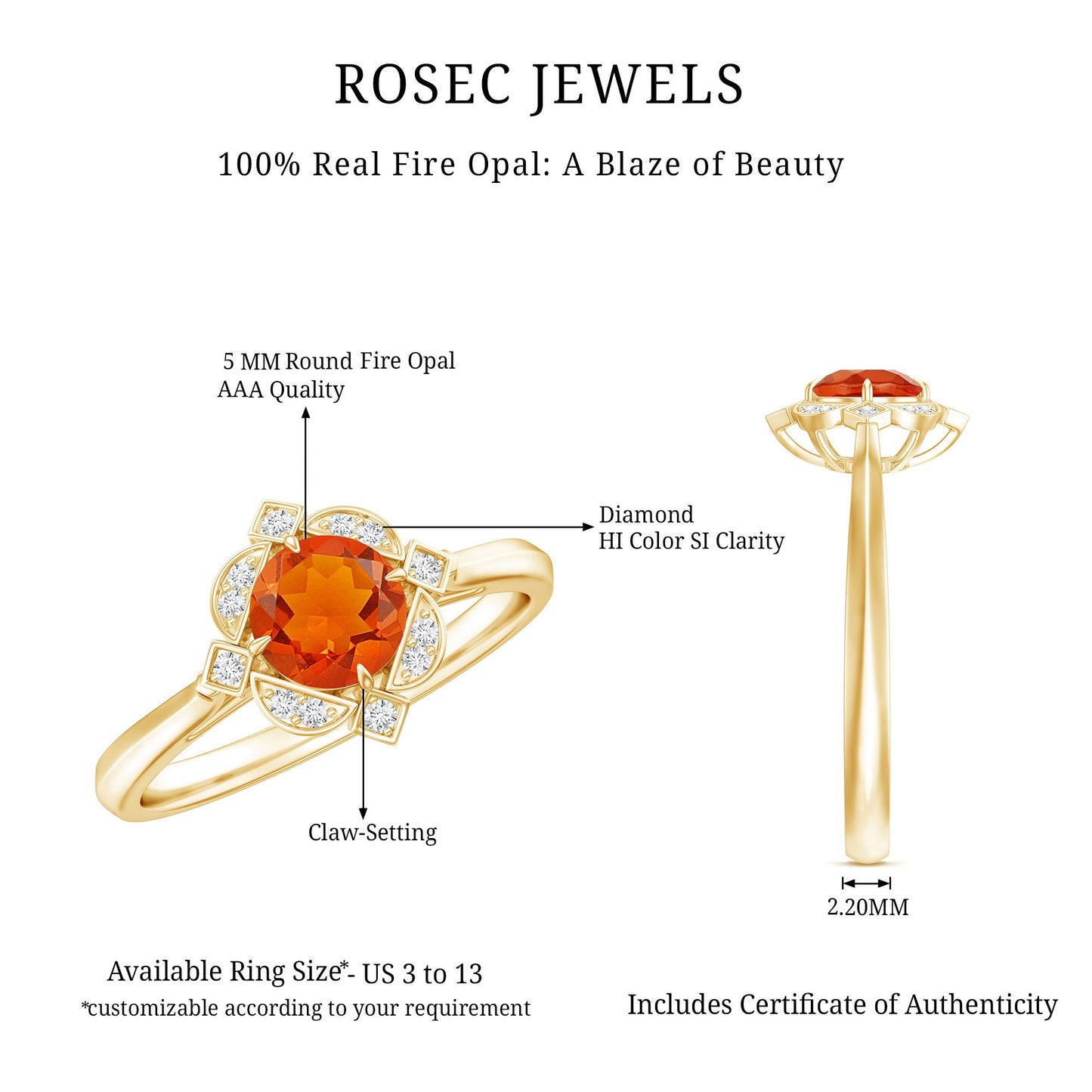 0.4 Carat Vintage Fire Opal and Diamond Engagement Ring