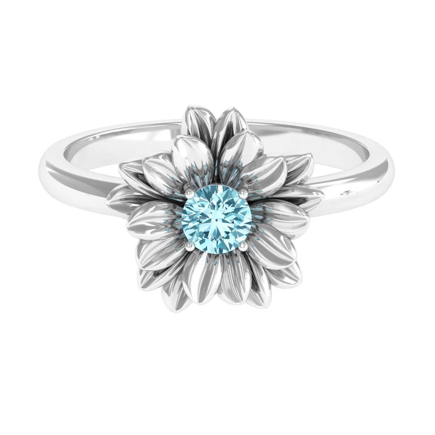 Round Cut Real Aquamarine Flower Engagement Ring
