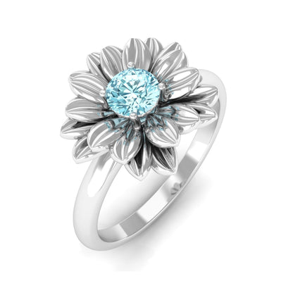 Round Cut Real Aquamarine Flower Engagement Ring