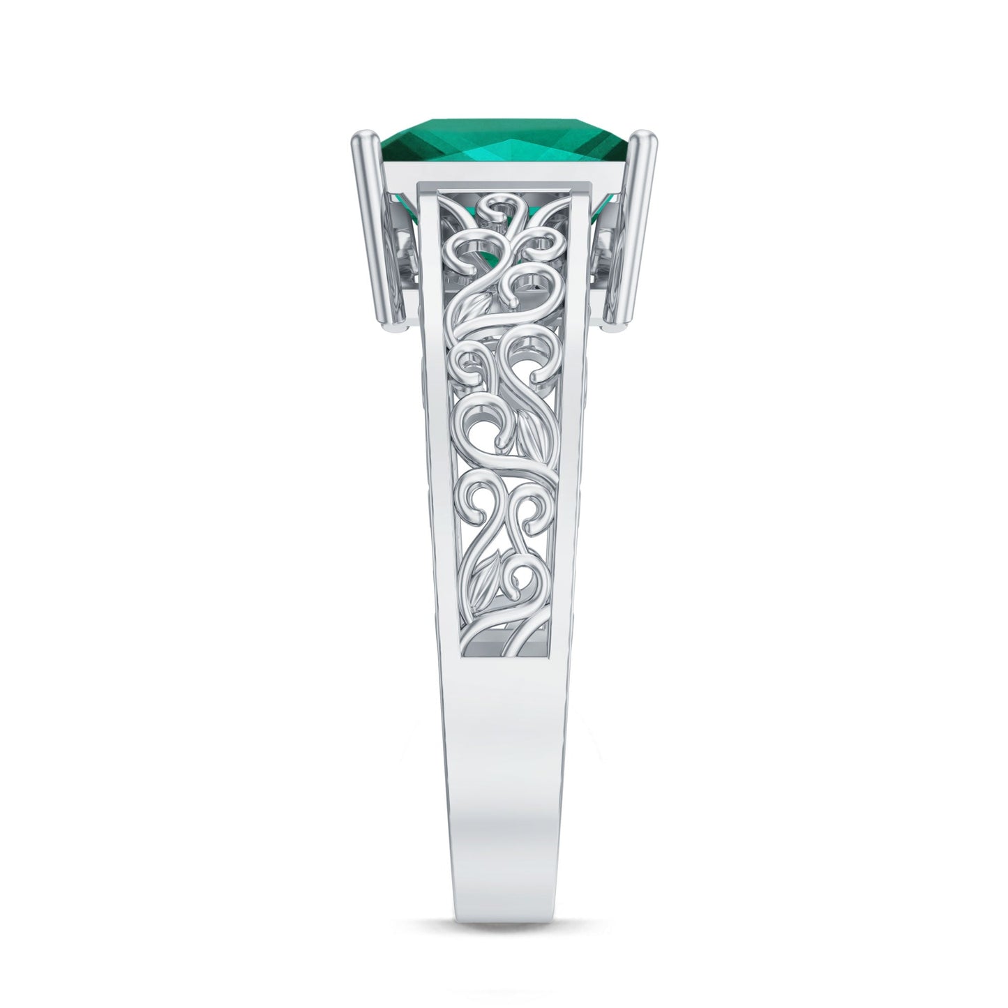 Certified 2.4 Carat Princess Cut Lab Grown Emerald Filigree Engagement Ring