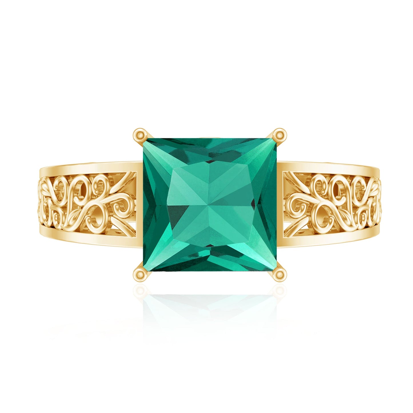 Certified 2.4 Carat Princess Cut Lab Grown Emerald Filigree Engagement Ring