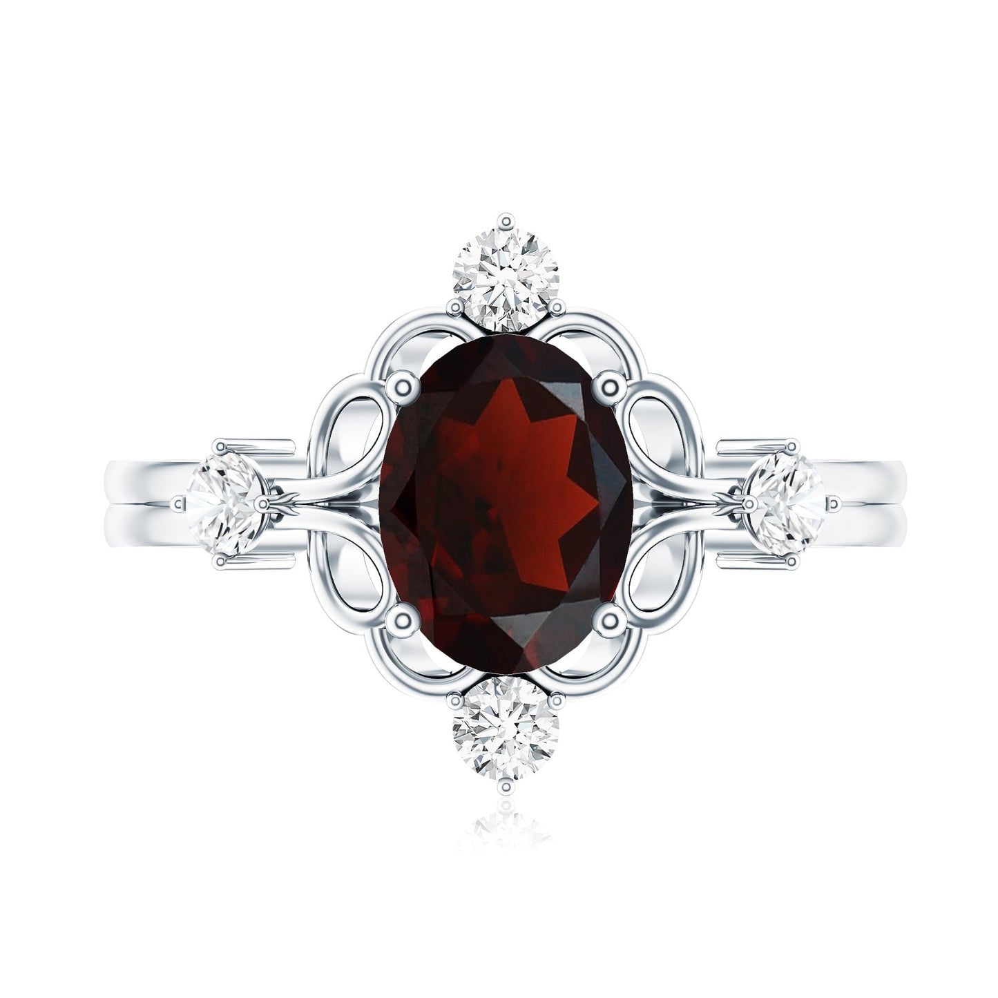 Vintage looking 1.5 Carat Oval Garnet Engagement Ring with Diamond