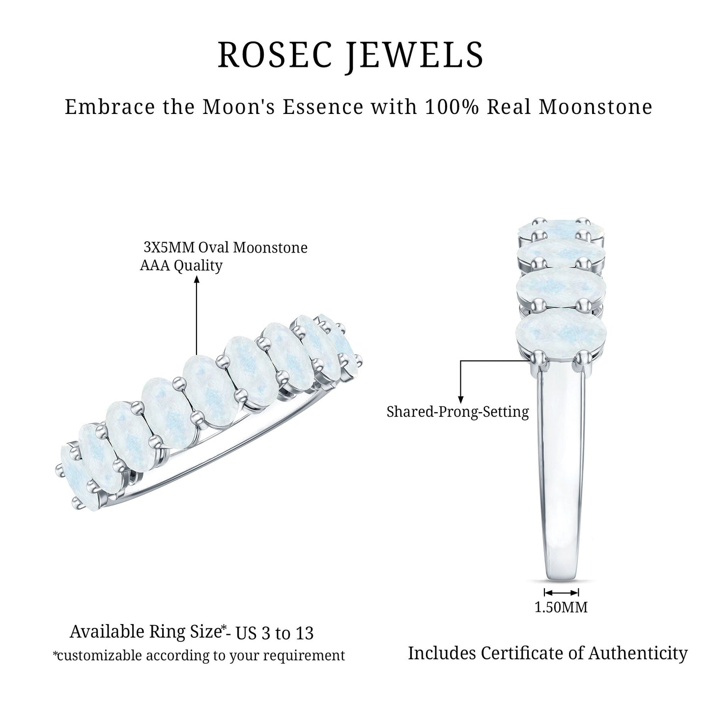 Oval Cut Moonstone Half Eternity Wedding Band Ring